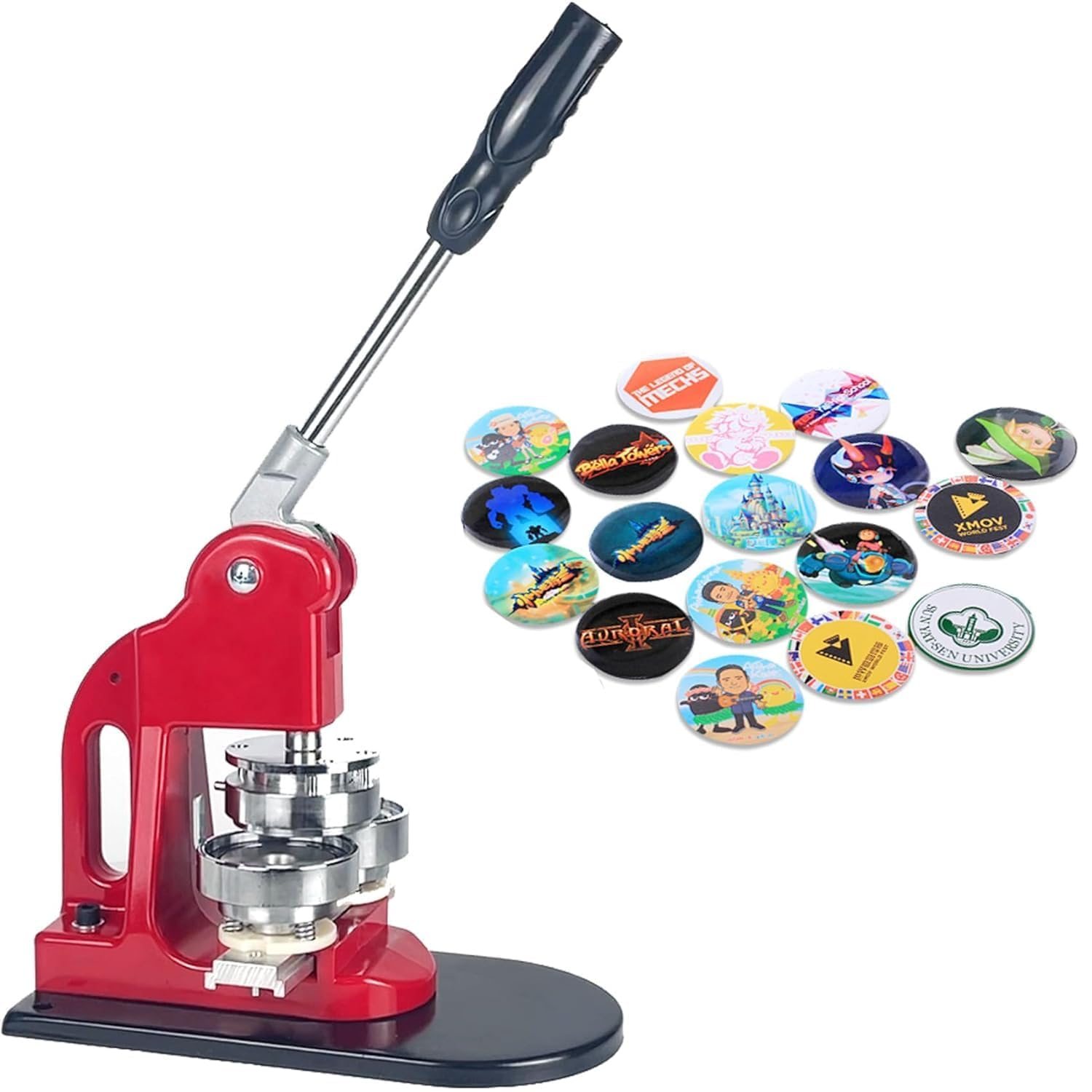 A red desktop magnet making machine with lever press and steel dies next to a set of finished round magnets